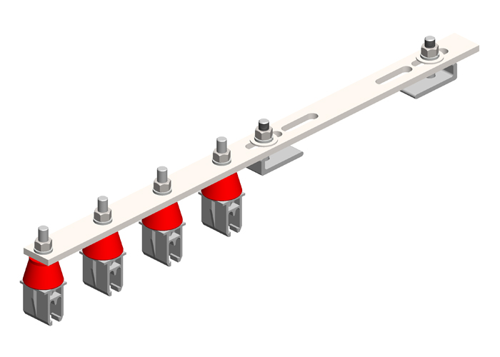 8-Bar, Bracket, Flange, with Hanger Clamps, Plastic Snap-in, w/Insulator, 4 on one side, 21 3/4 inch L